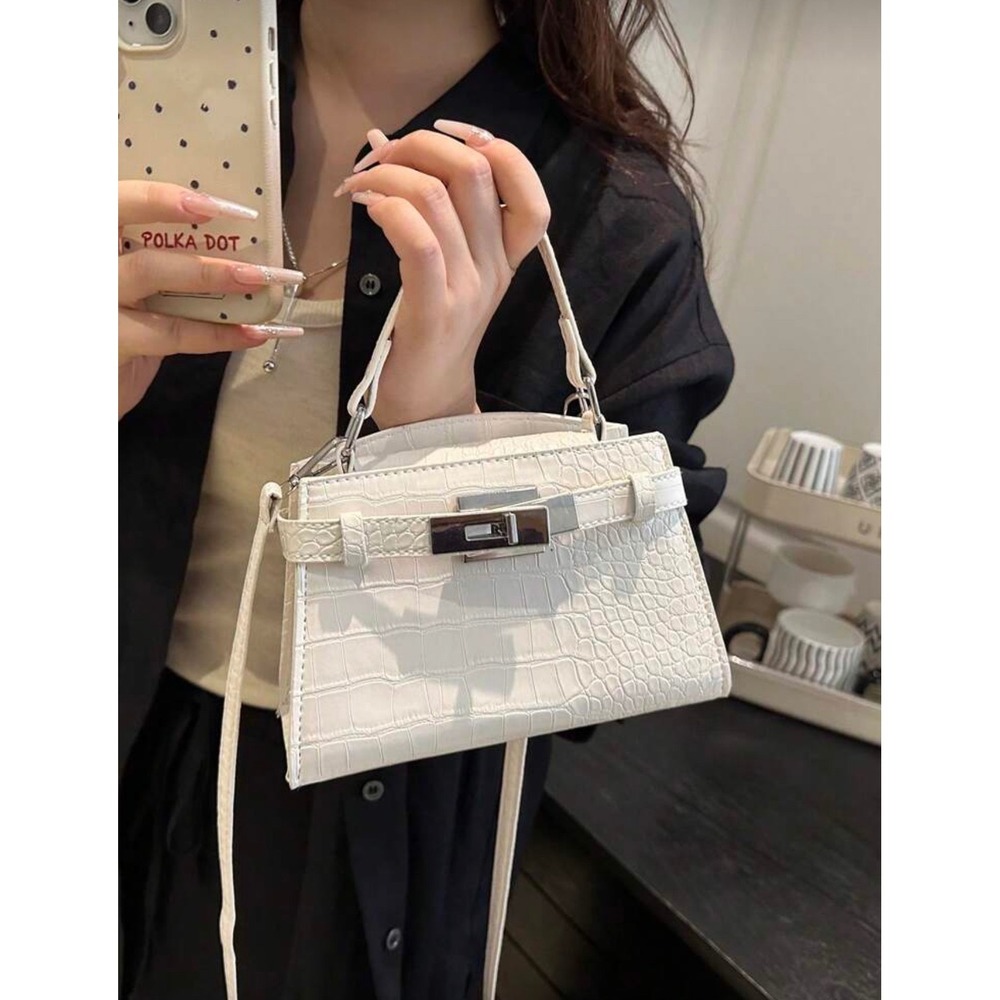 White Croc Embossed Mini Top Handle Crossbody Bag Silver‎ Hardware Turn Lock